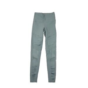 High-Waist Moto Ribbed Leggings - Sage Green blue‎
